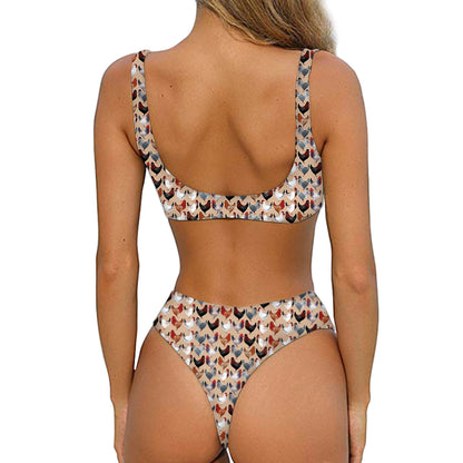 Chicken Painting Pattern Print Front Bow Tie Bikini