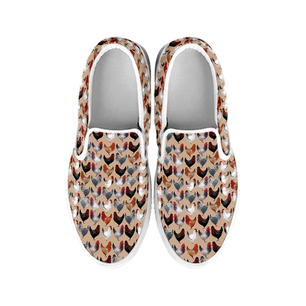 Chicken Painting Pattern Print White Slip On Shoes