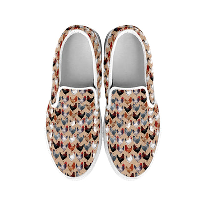 Chicken Painting Pattern Print White Slip On Shoes