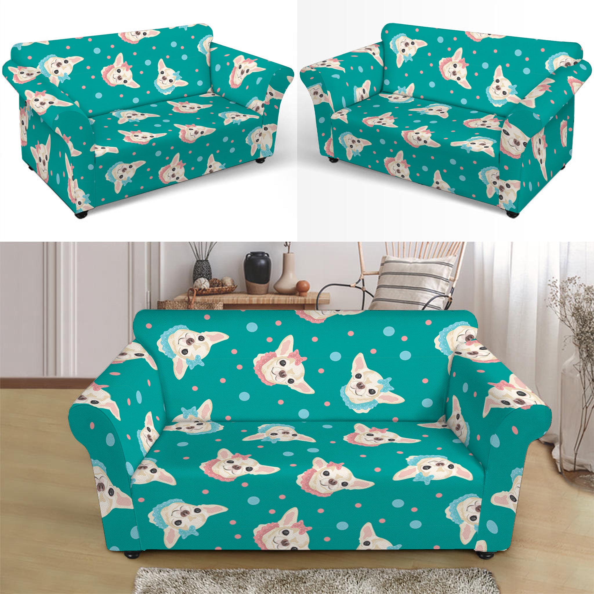 Chihuahua Puppy Pattern Print Loveseat Slipcover