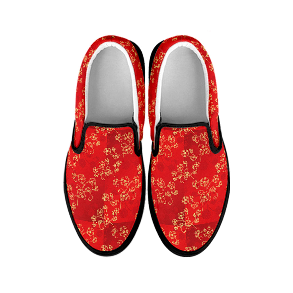 Chinese Cherry Blossom Pattern Print Black Slip On Shoes