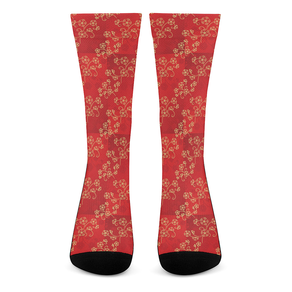 Chinese Cherry Blossom Pattern Print Crew Socks