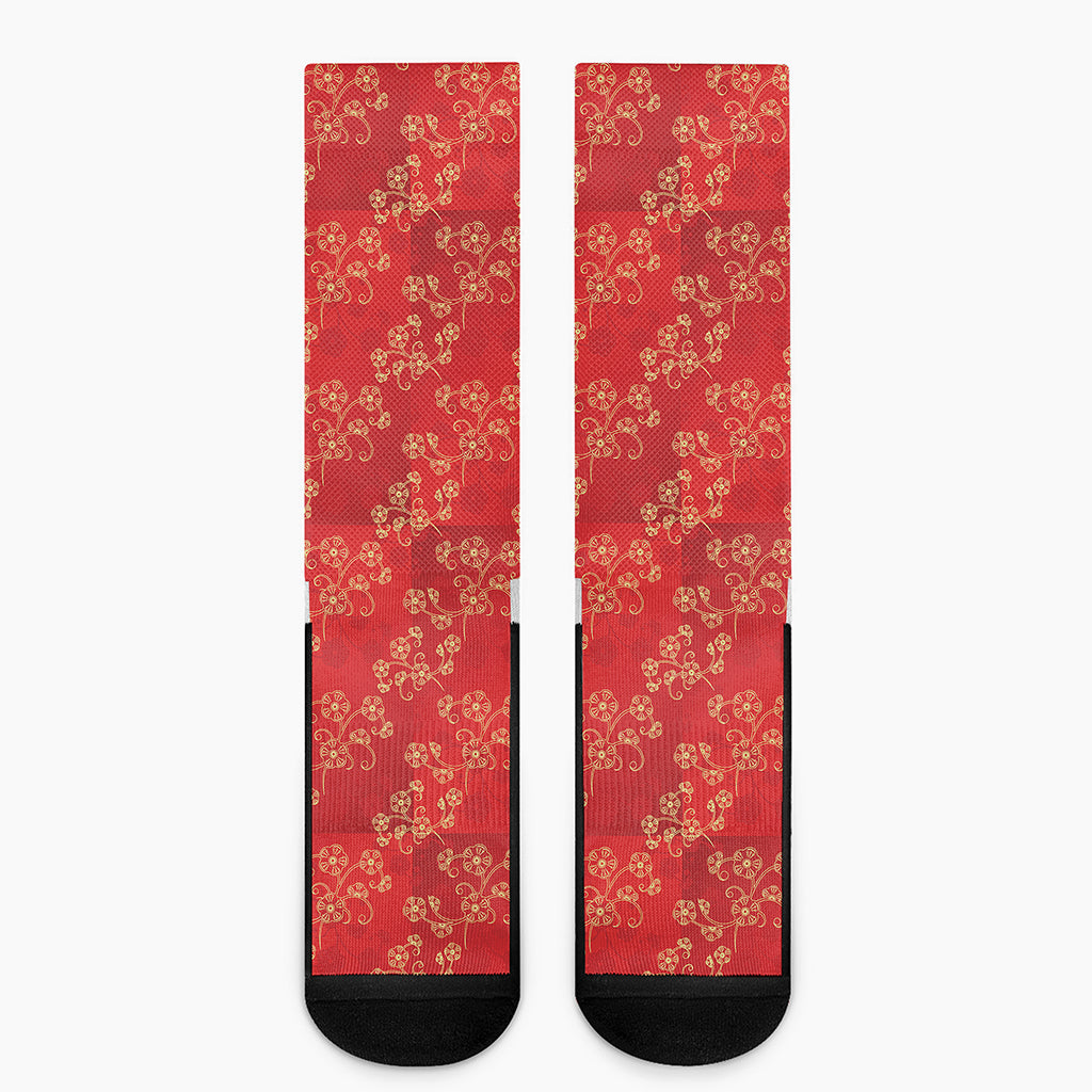 Chinese Cherry Blossom Pattern Print Crew Socks