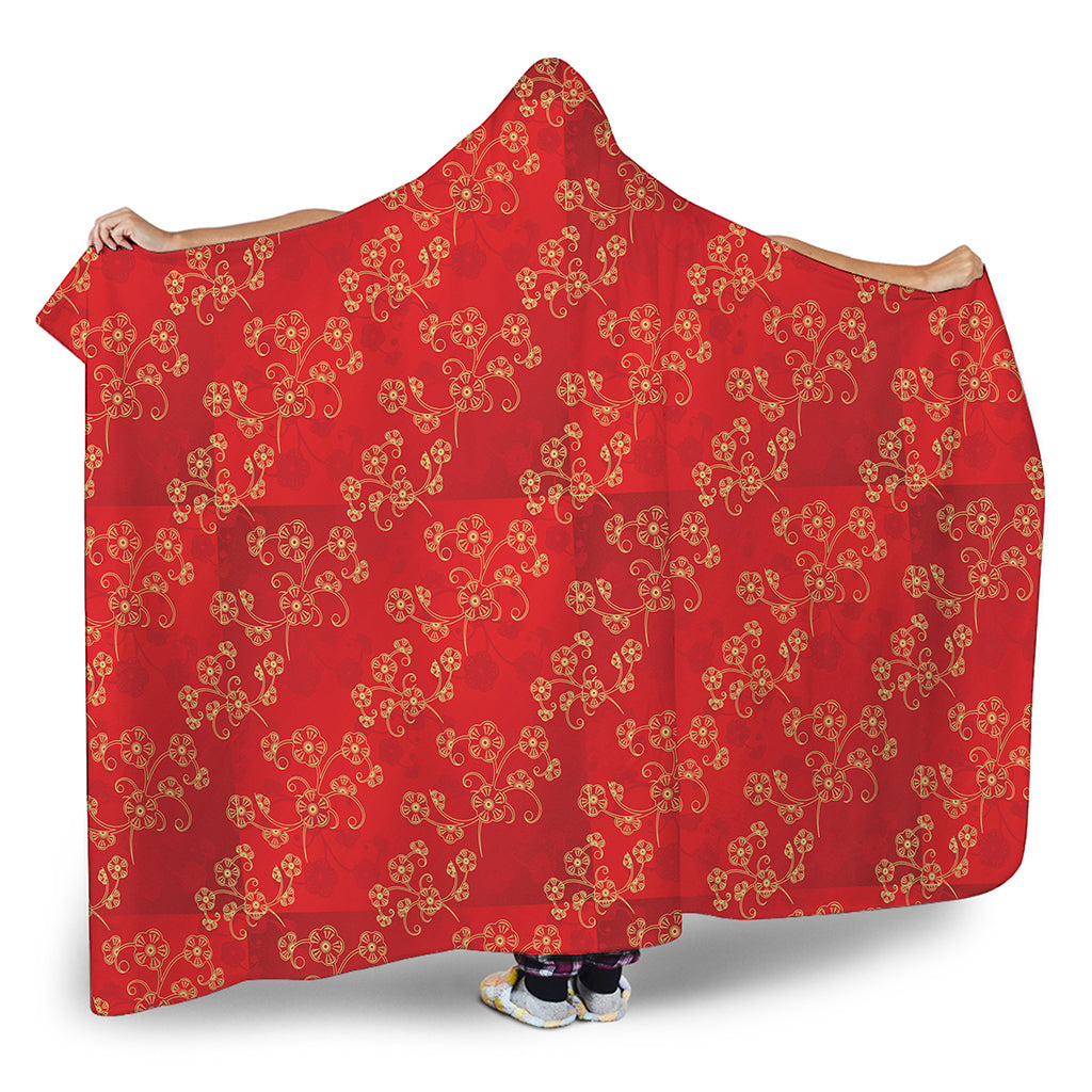 Chinese Cherry Blossom Pattern Print Hooded Blanket