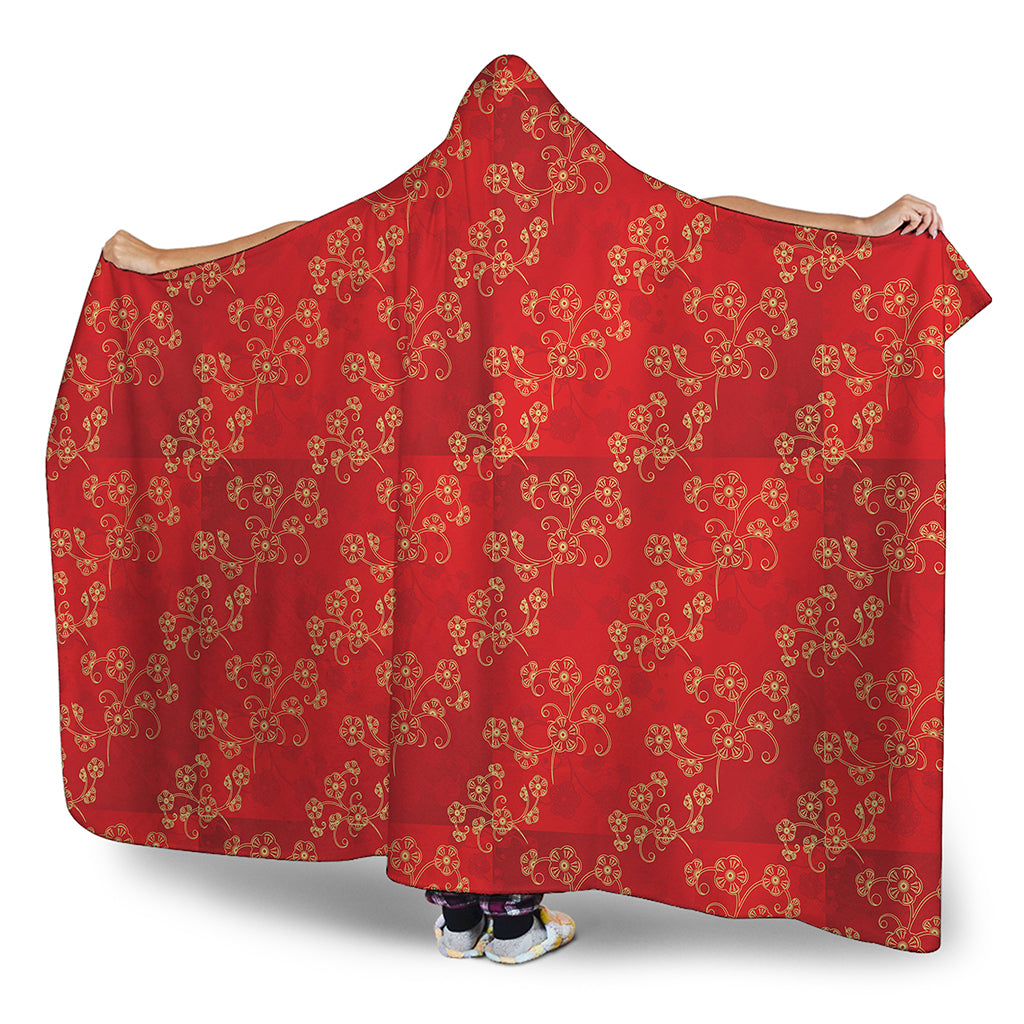 Chinese Cherry Blossom Pattern Print Hooded Blanket