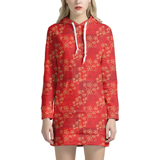 Chinese Cherry Blossom Pattern Print Hoodie Dress