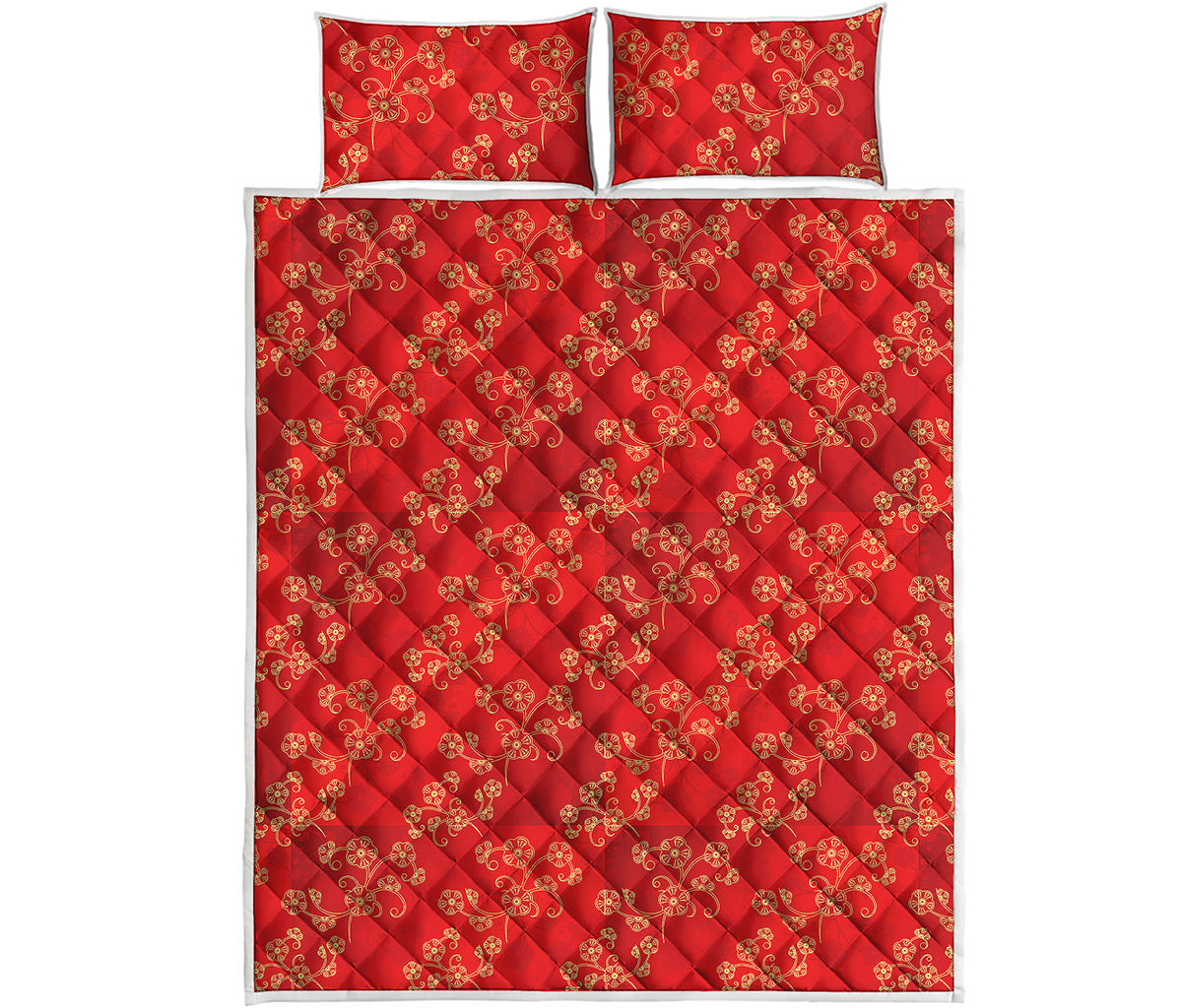 Chinese Cherry Blossom Pattern Print Quilt Bed Set