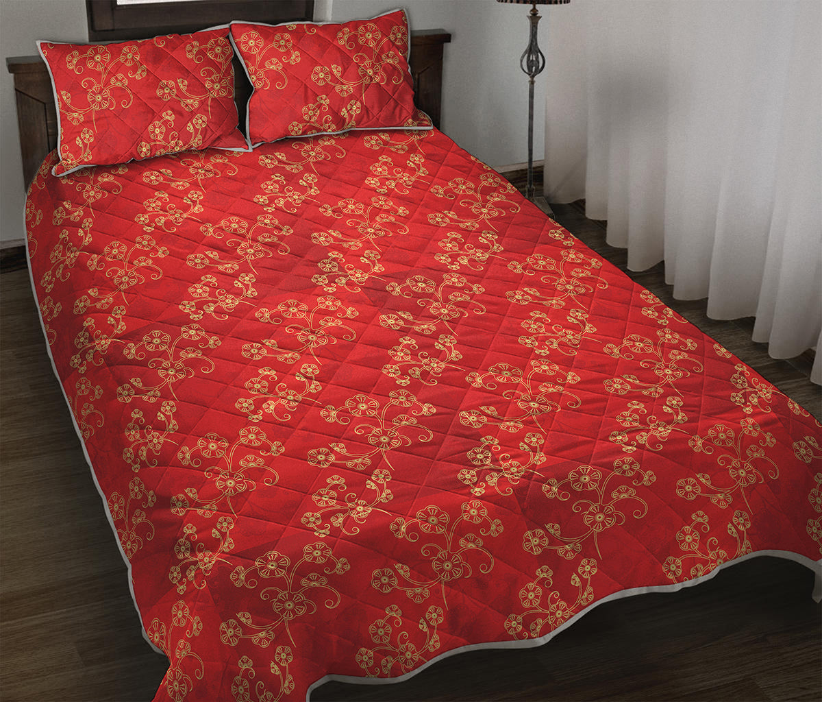 Chinese Cherry Blossom Pattern Print Quilt Bed Set