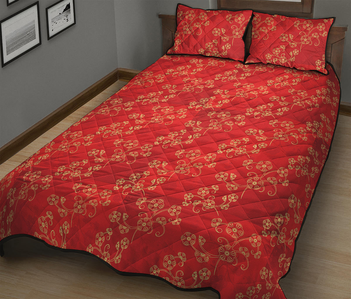 Chinese Cherry Blossom Pattern Print Quilt Bed Set