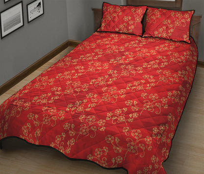 Chinese Cherry Blossom Pattern Print Quilt Bed Set