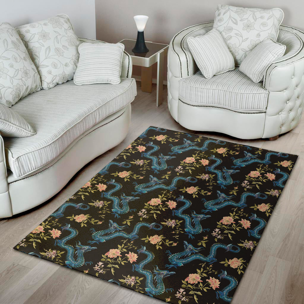 Chinese Dragon And Flower Pattern Print Area Rug