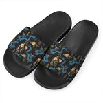 Chinese Dragon And Flower Pattern Print Black Slide Sandals