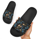 Chinese Dragon And Flower Pattern Print Black Slide Sandals