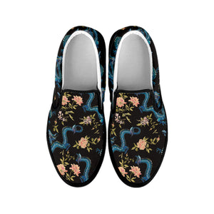 Chinese Dragon And Flower Pattern Print Black Slip On Shoes