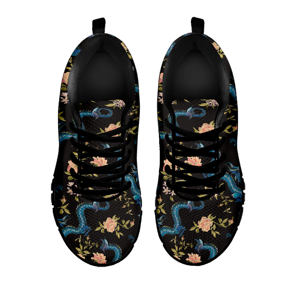 Chinese Dragon And Flower Pattern Print Black Sneakers