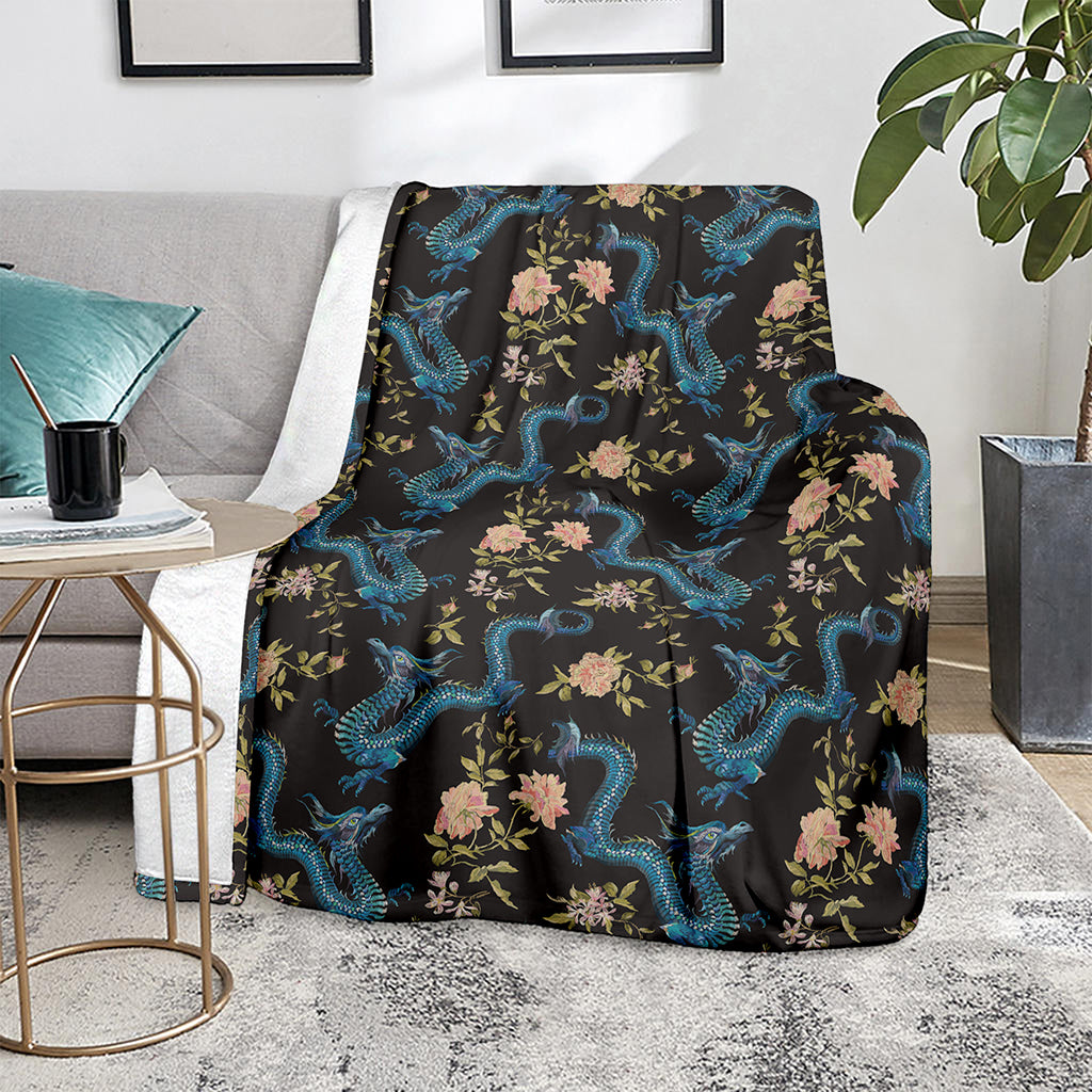 Chinese Dragon And Flower Pattern Print Blanket