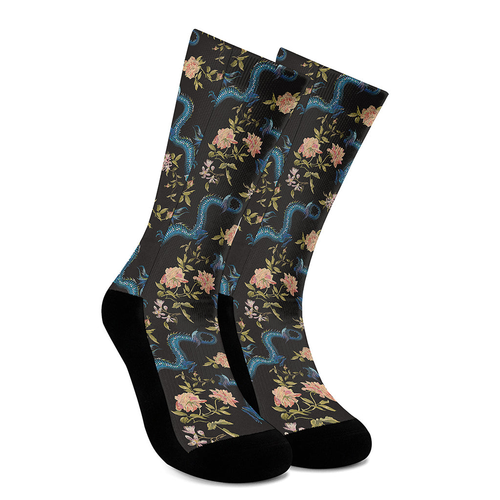 Chinese Dragon And Flower Pattern Print Crew Socks