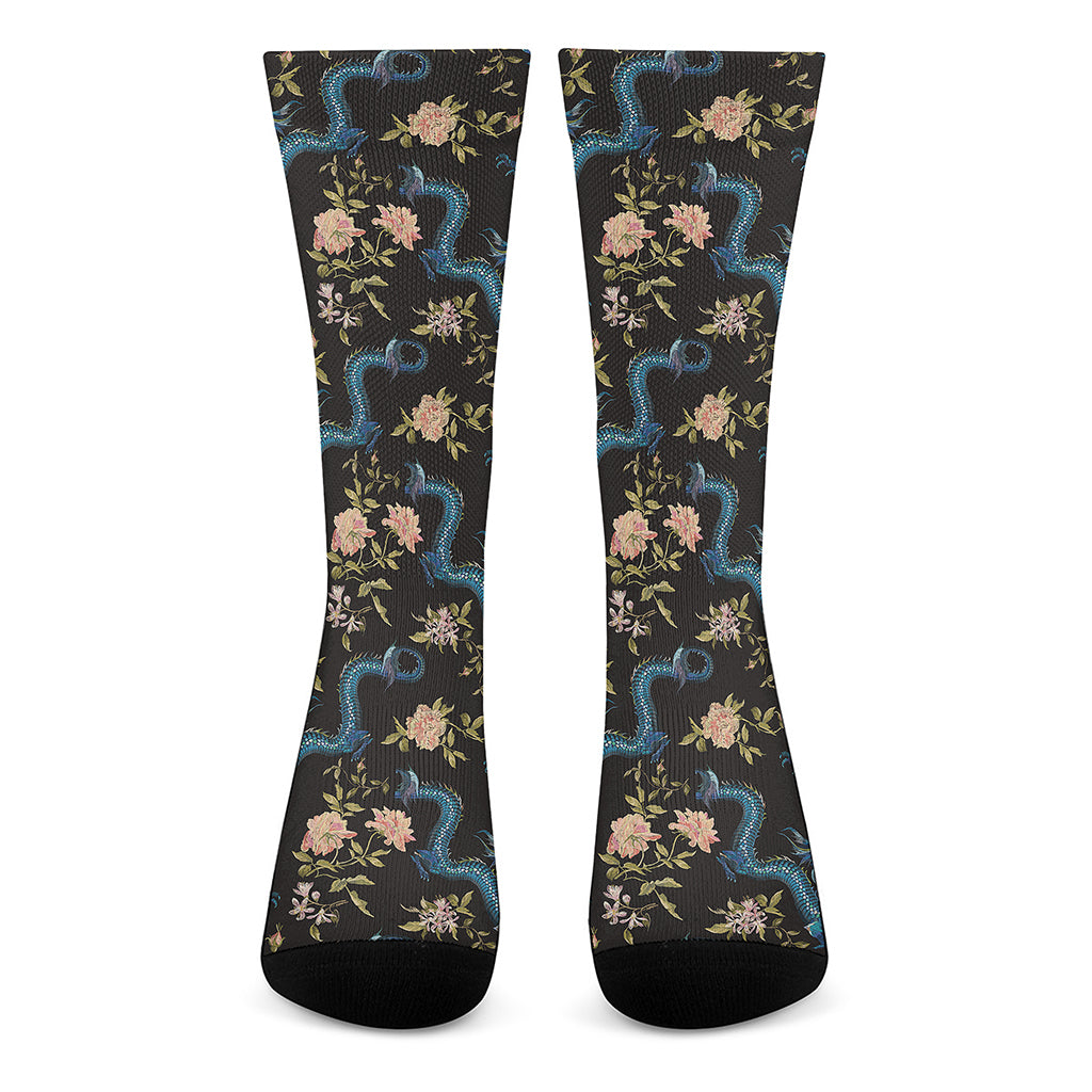 Chinese Dragon And Flower Pattern Print Crew Socks