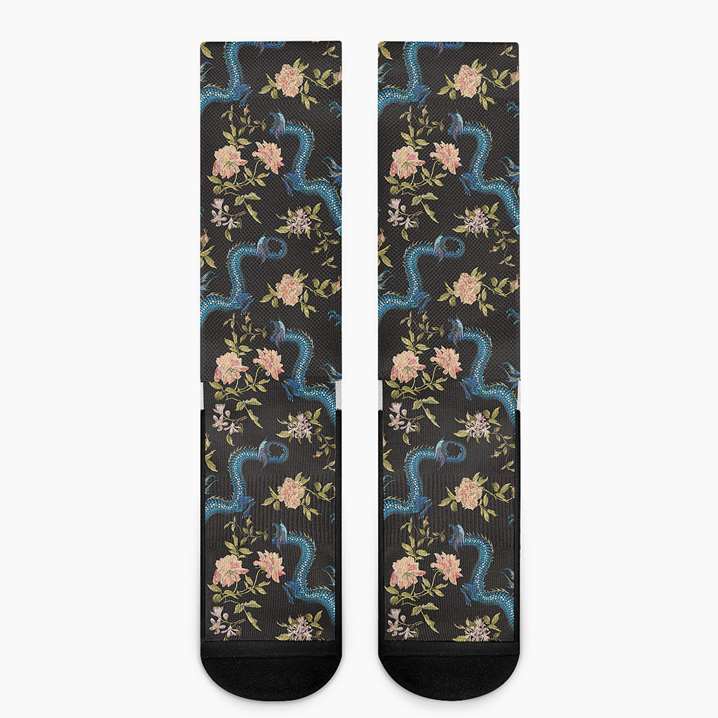 Chinese Dragon And Flower Pattern Print Crew Socks