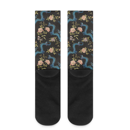 Chinese Dragon And Flower Pattern Print Crew Socks
