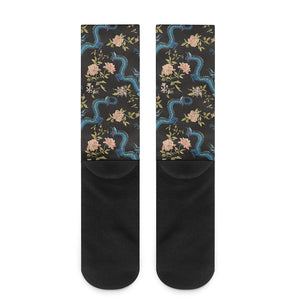 Chinese Dragon And Flower Pattern Print Crew Socks