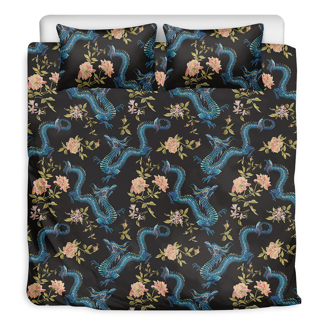 Chinese Dragon And Flower Pattern Print Duvet Cover Bedding Set