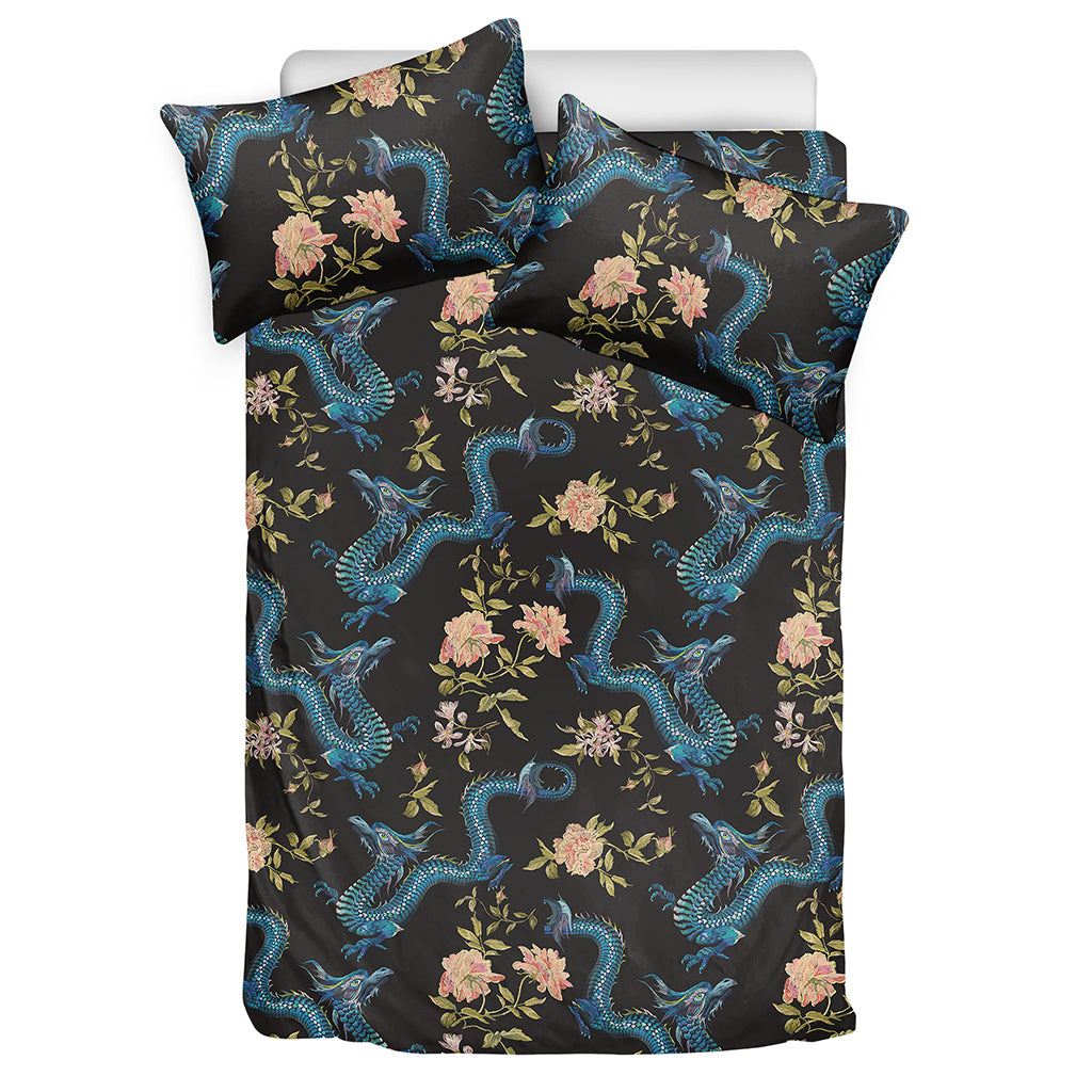 Chinese Dragon And Flower Pattern Print Duvet Cover Bedding Set