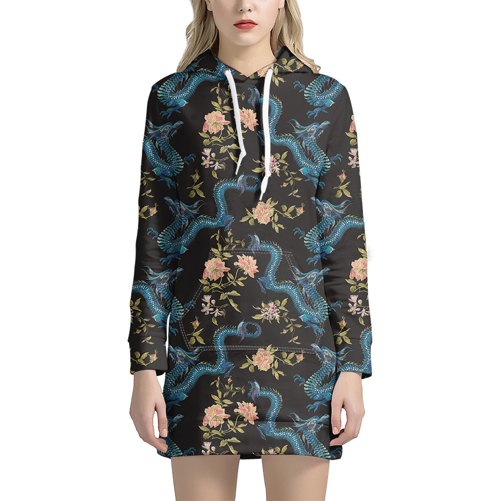 Chinese Dragon And Flower Pattern Print Hoodie Dress