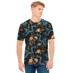 Chinese Dragon And Flower Pattern Print Men's T-Shirt