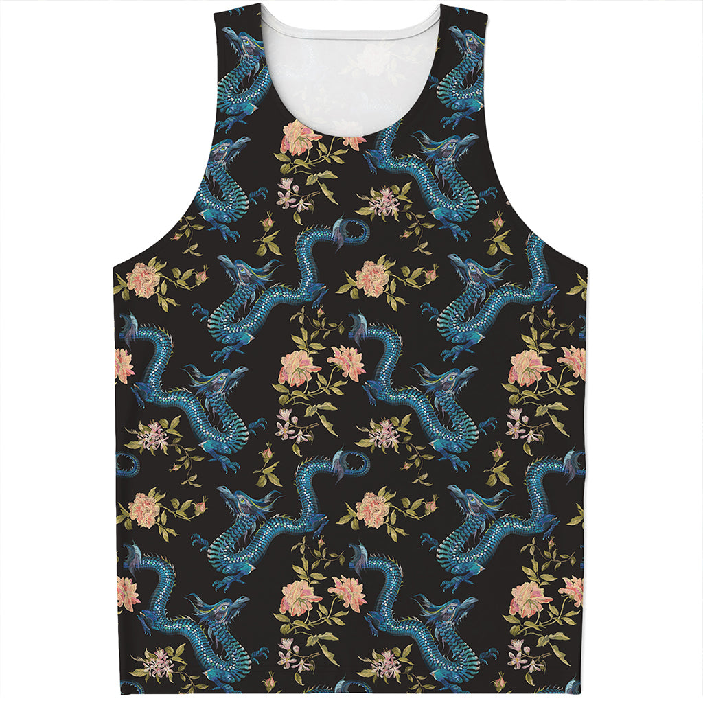 Chinese Dragon And Flower Pattern Print Men's Tank Top