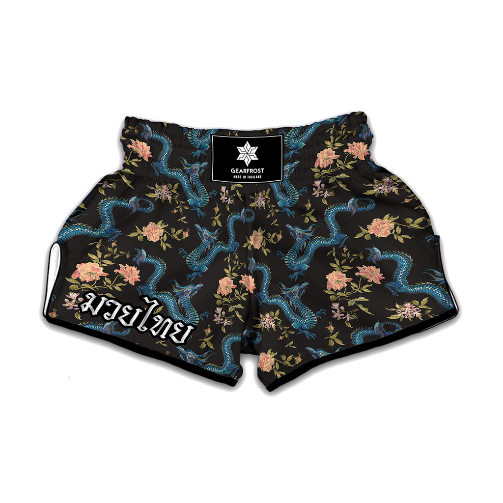 Chinese Dragon And Flower Pattern Print Muay Thai Boxing Shorts