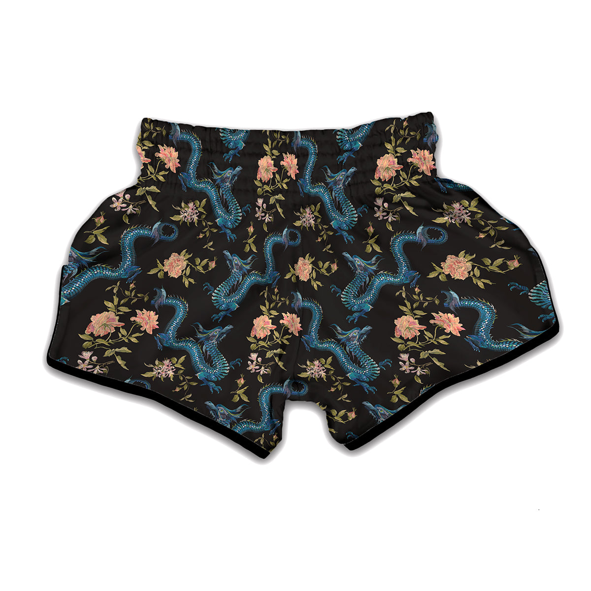Chinese Dragon And Flower Pattern Print Muay Thai Boxing Shorts