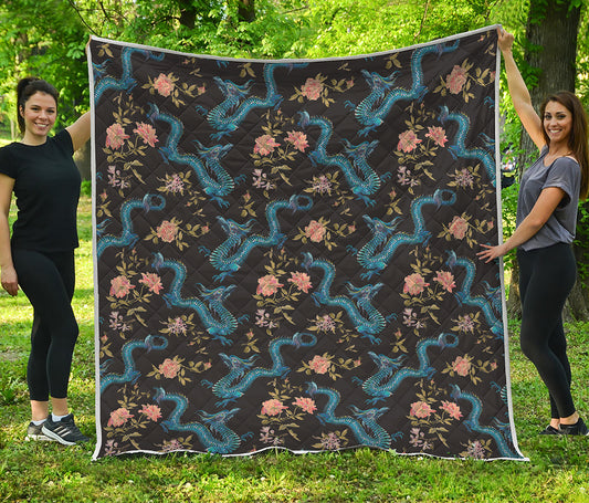 Chinese Dragon And Flower Pattern Print Quilt