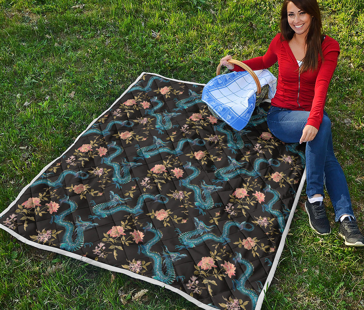 Chinese Dragon And Flower Pattern Print Quilt