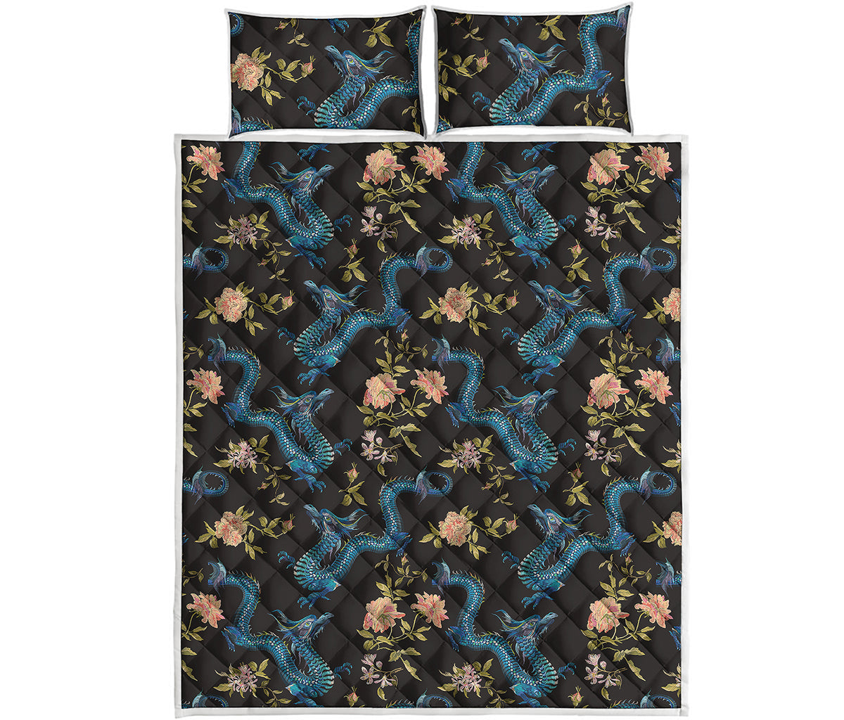 Chinese Dragon And Flower Pattern Print Quilt Bed Set
