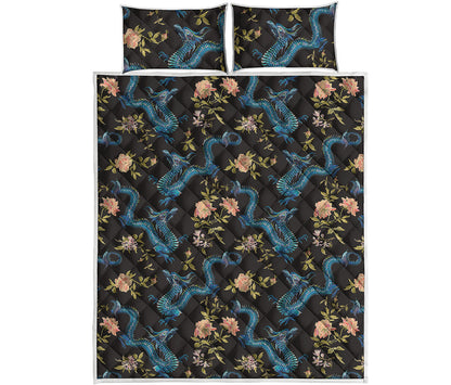Chinese Dragon And Flower Pattern Print Quilt Bed Set