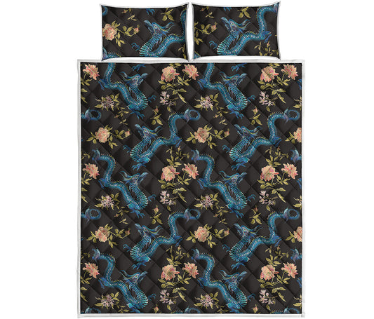 Chinese Dragon And Flower Pattern Print Quilt Bed Set