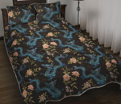 Chinese Dragon And Flower Pattern Print Quilt Bed Set