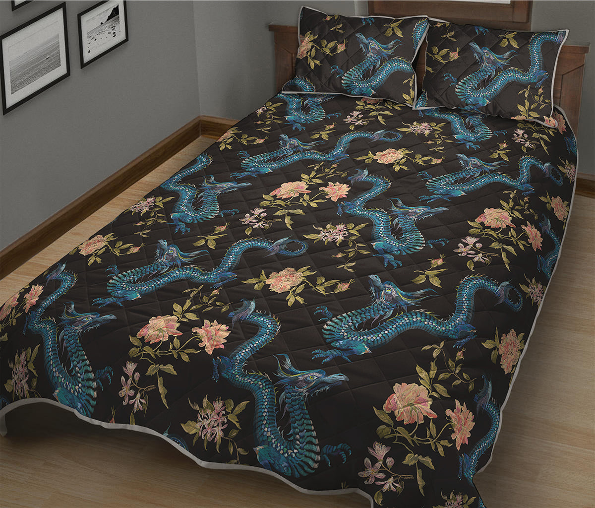 Chinese Dragon And Flower Pattern Print Quilt Bed Set