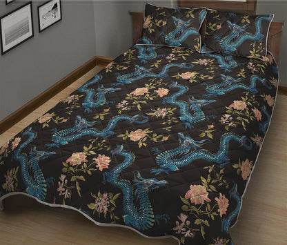 Chinese Dragon And Flower Pattern Print Quilt Bed Set