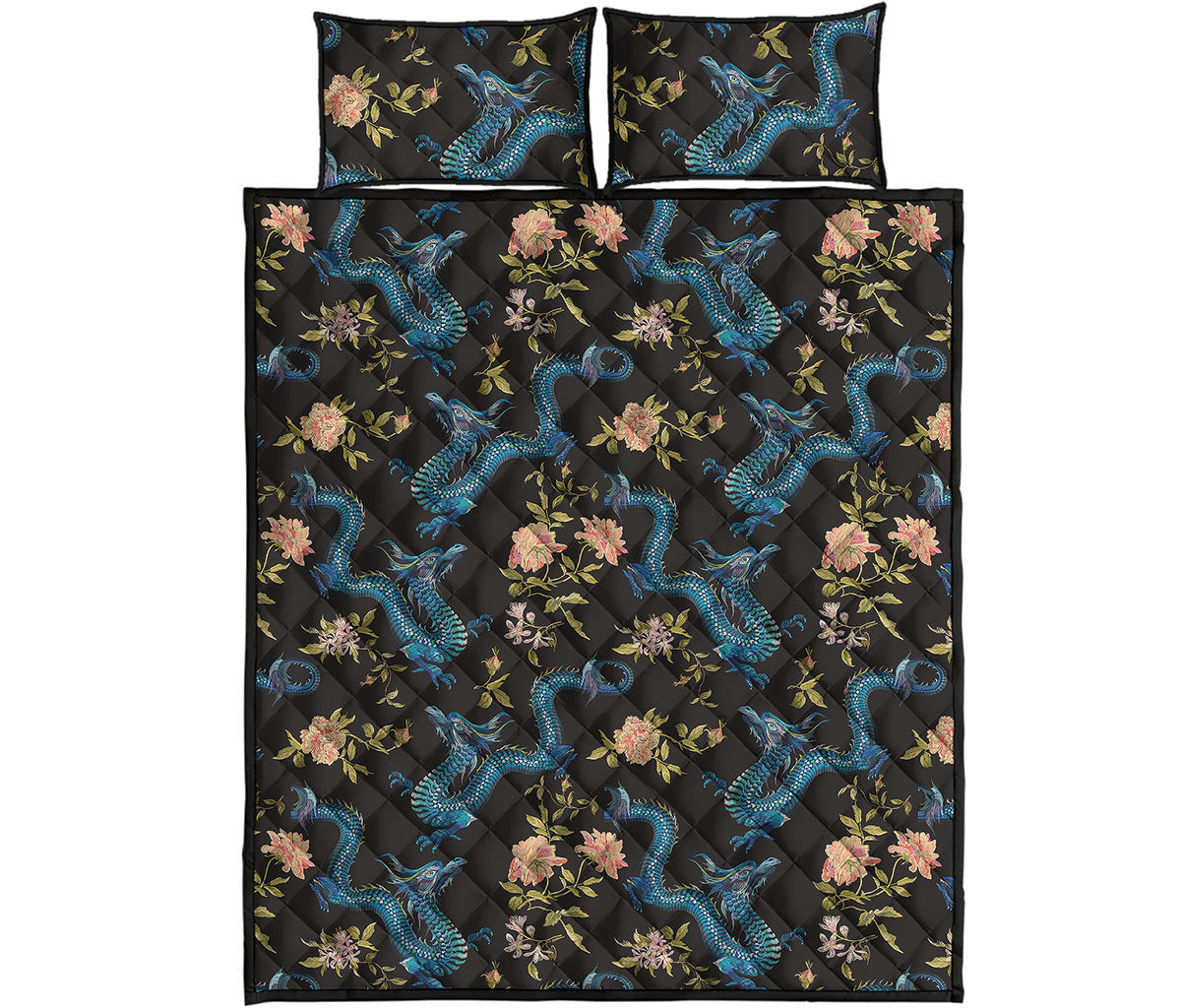 Chinese Dragon And Flower Pattern Print Quilt Bed Set