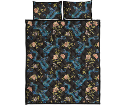Chinese Dragon And Flower Pattern Print Quilt Bed Set