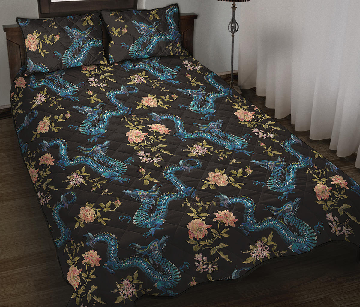 Chinese Dragon And Flower Pattern Print Quilt Bed Set