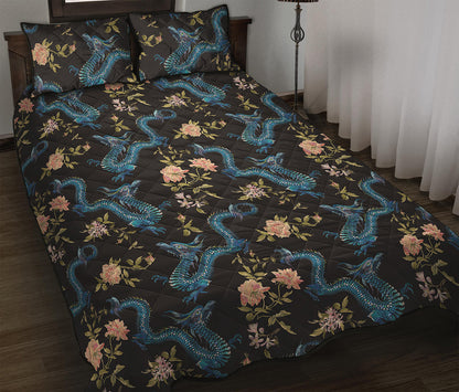 Chinese Dragon And Flower Pattern Print Quilt Bed Set