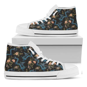 Chinese Dragon And Flower Pattern Print White High Top Shoes