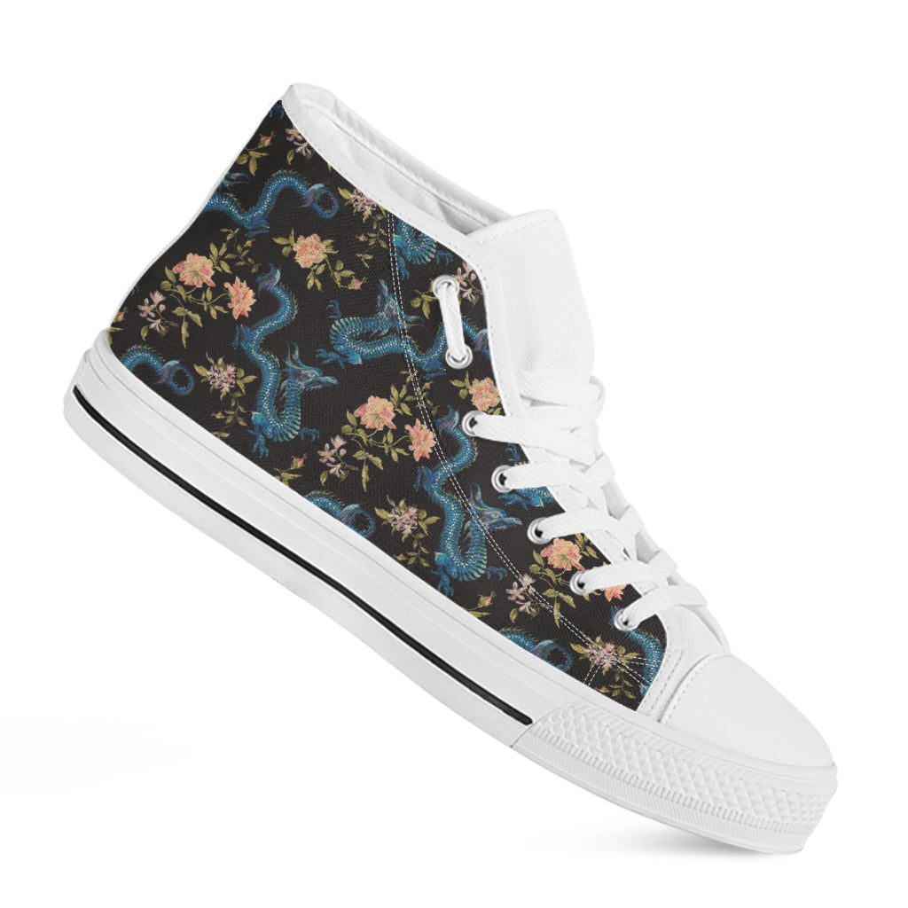 Chinese Dragon And Flower Pattern Print White High Top Shoes