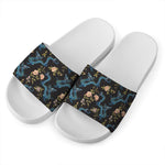 Chinese Dragon And Flower Pattern Print White Slide Sandals