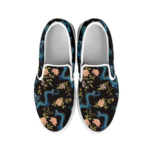 Chinese Dragon And Flower Pattern Print White Slip On Shoes