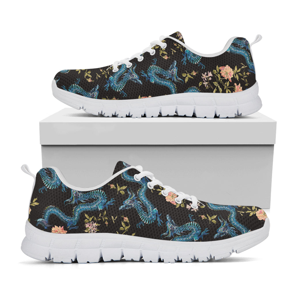 Chinese Dragon And Flower Pattern Print White Sneakers