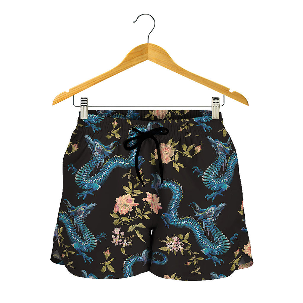 Chinese Dragon And Flower Pattern Print Women's Shorts